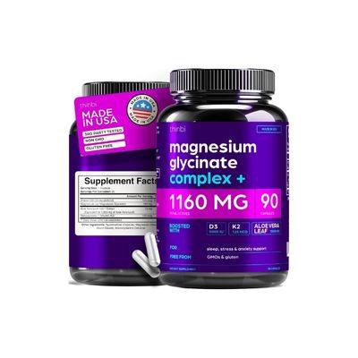 Magnesium Glycinate 1160mg + Aloe Vera, D3 & K2 Complex 90 Capsules - High Absorption, Non-Laxative - Supports Healthy Stress Response, Muscle Function & Healthy Metabolism Chelated Formula
